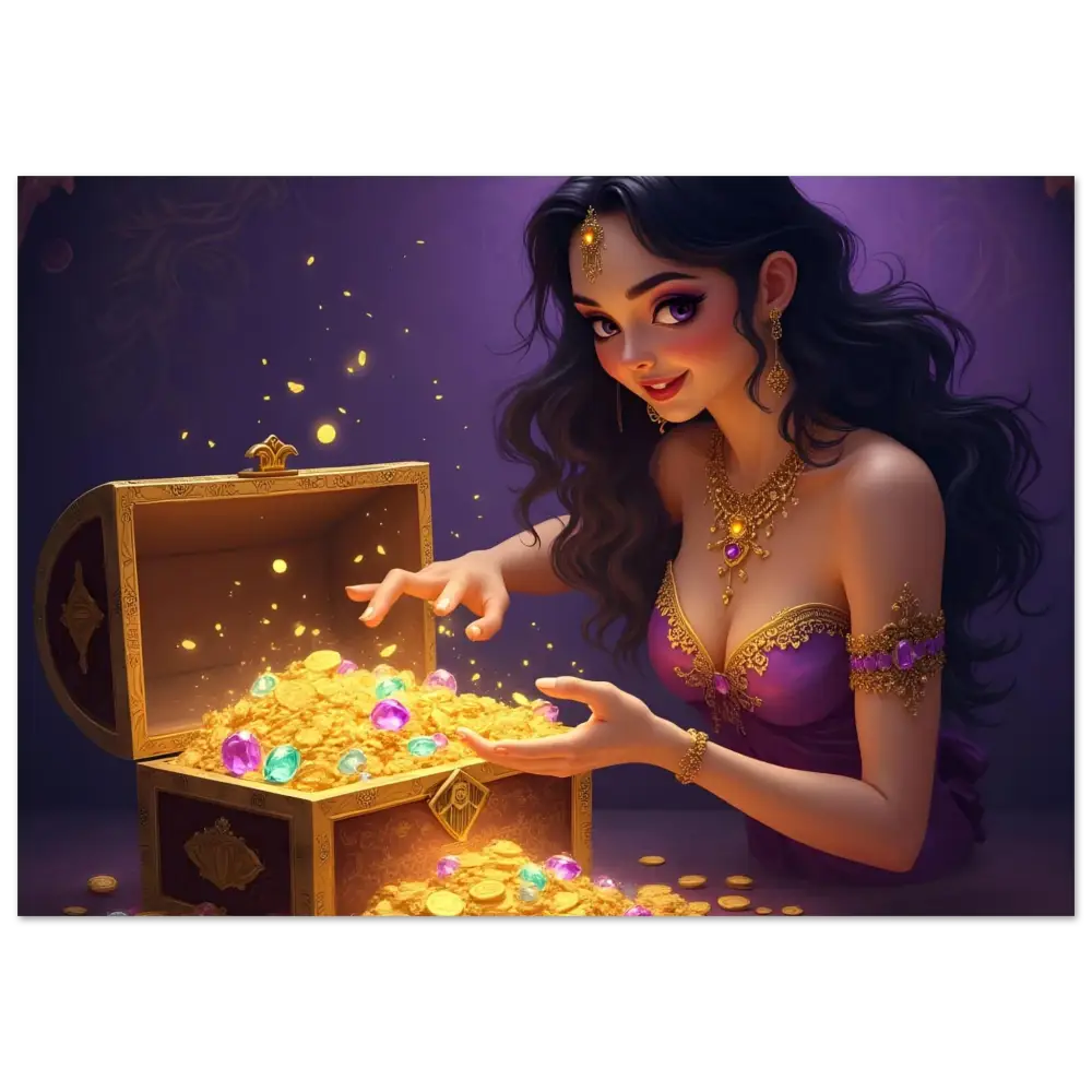 Treasure Seeker Aluminum Wall Art featuring overflowing gold coins and jewels in Ultra-HD print