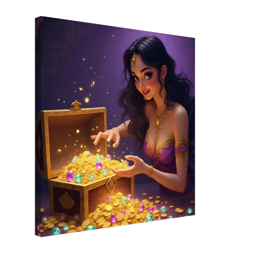 Treasure Seeker Canvas Print Fantasy Wall Art showing overflowing treasure chest with gold coins and jewels