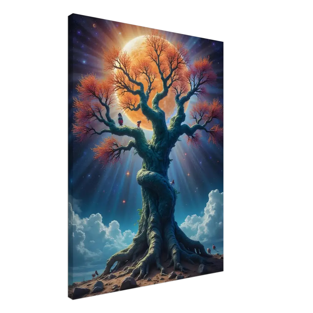 Fantasy tree art print displayed on Cosmic Roots Tree of Light Canvas Wall Art
