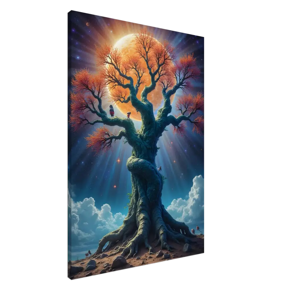 Vibrant tree beneath a radiant moon on the Tree of Light Canvas Print by PixiOnyx Wall Art
