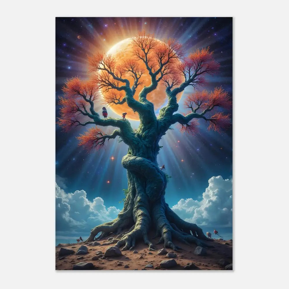 Majestic tree beneath a radiant celestial body on Tree of Light Poster Cosmic Roots PixiOnyx Fine Art Print