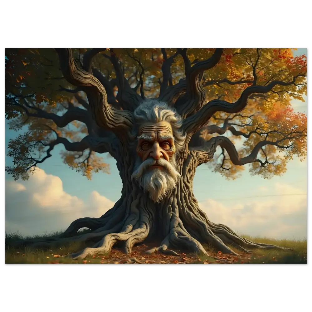Anthropomorphic tree with a wise face on the Treeface Wood Print Wisdomroot Sentinel