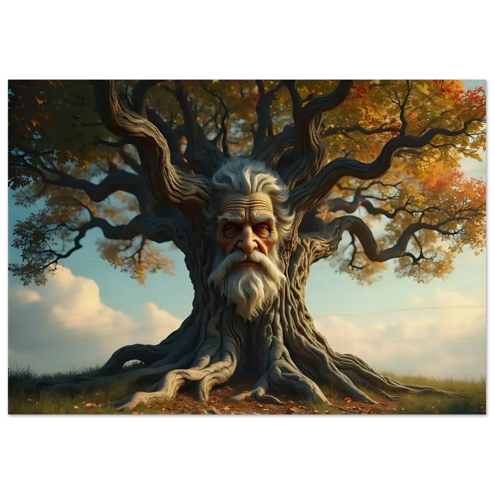 Tree with an old man’s face depicted in the Treeface Wood Print by PixiOnyx Grainbound Art