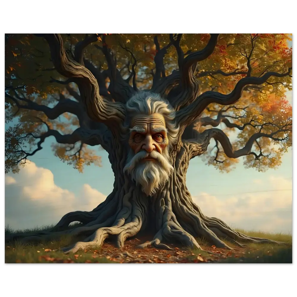 Wise old tree-man wood print from PixiOnyx Grainbound Art featuring the Wisdomroot Sentinel