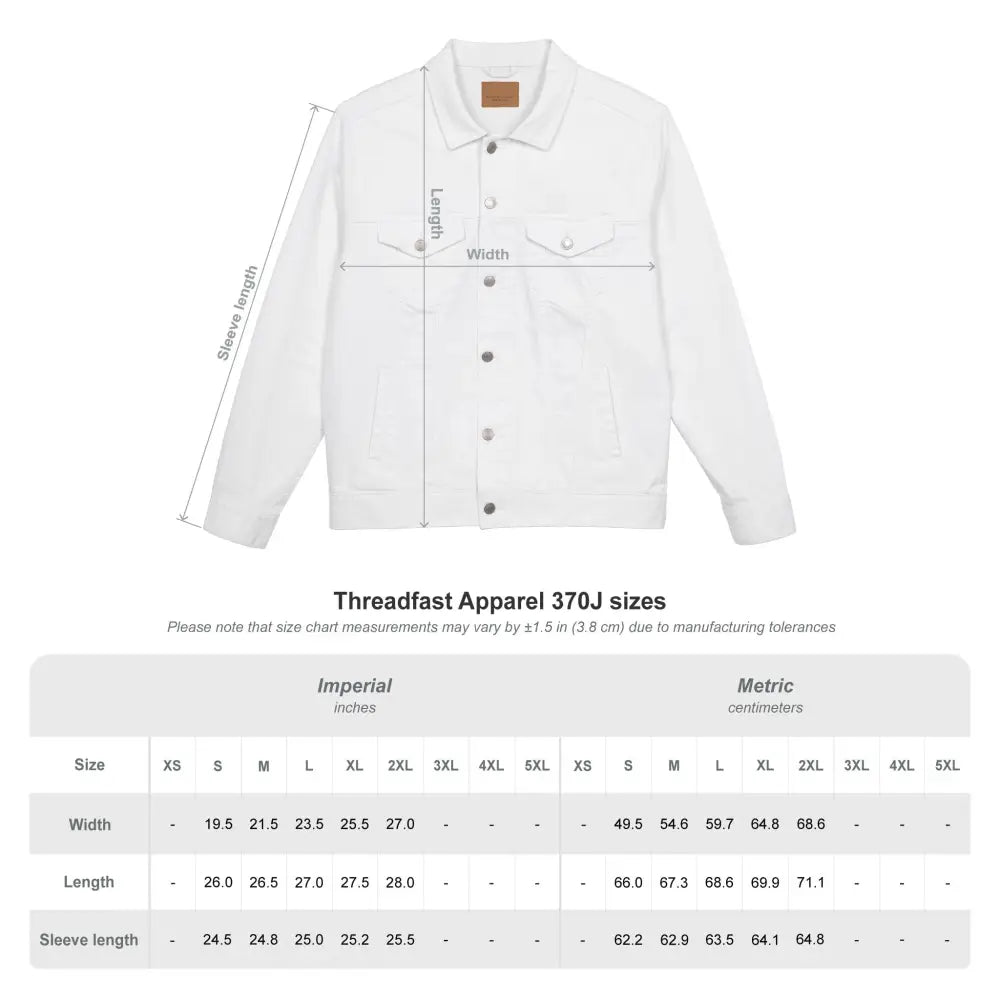White denim jacket with size chart showcasing stylish embroidered PixiOnyx denim for casual fashion