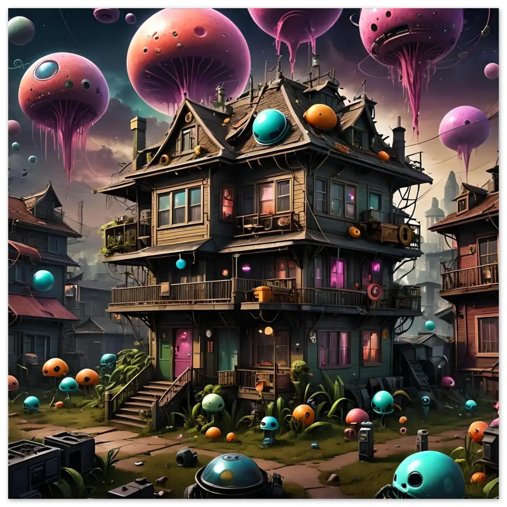 Whimsical three-story Mushroom House with floating jellyfish-like orbs in psychedelic sci-fi wall art