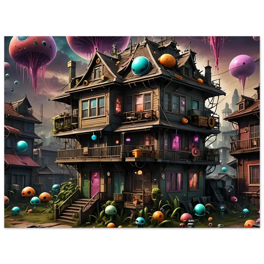 Colorful whimsical multi-story Mushroom House with orbs on psychedelic sci-fi wall art