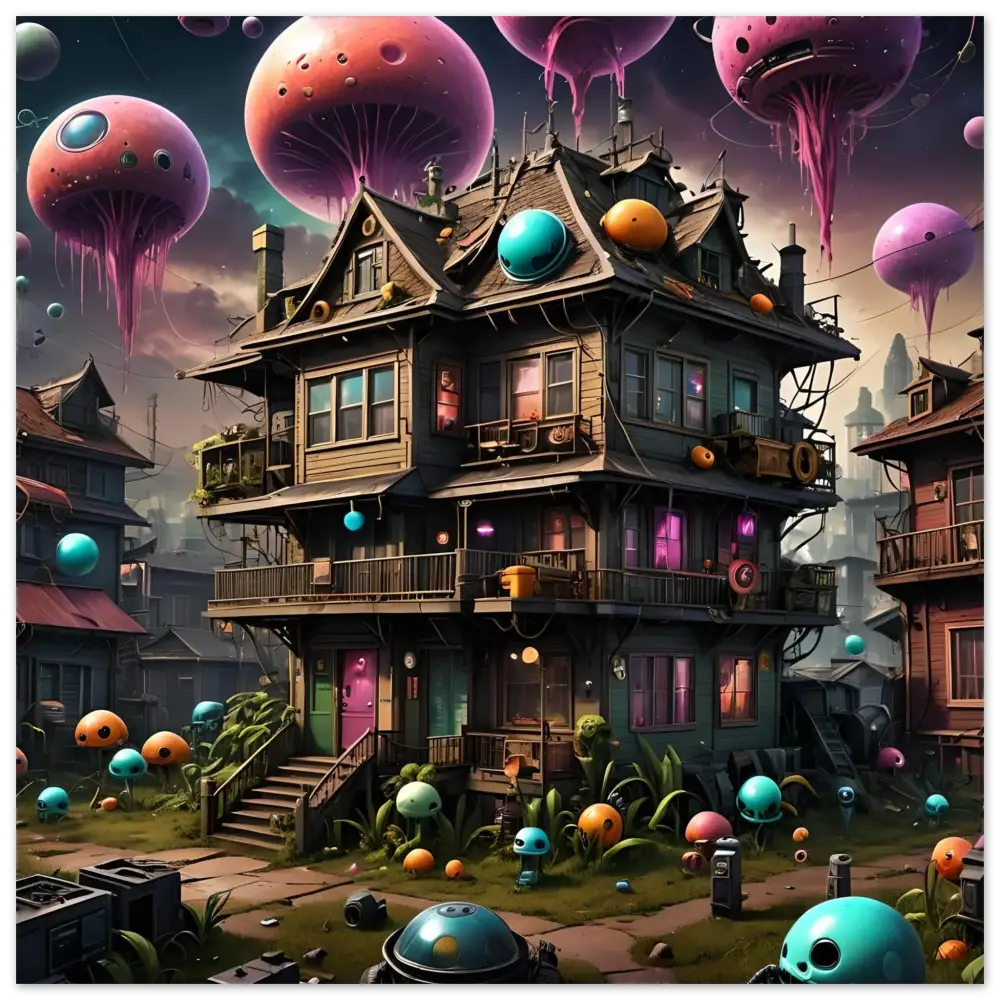 Whimsical three-story house with alien-like orbs in psychedelic sci-fi wall art aluminum print