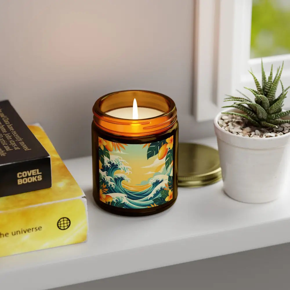Tropical scented candle with ocean wave design for Mango Coconut Escape PixiOnyx Aromatherapy Jar