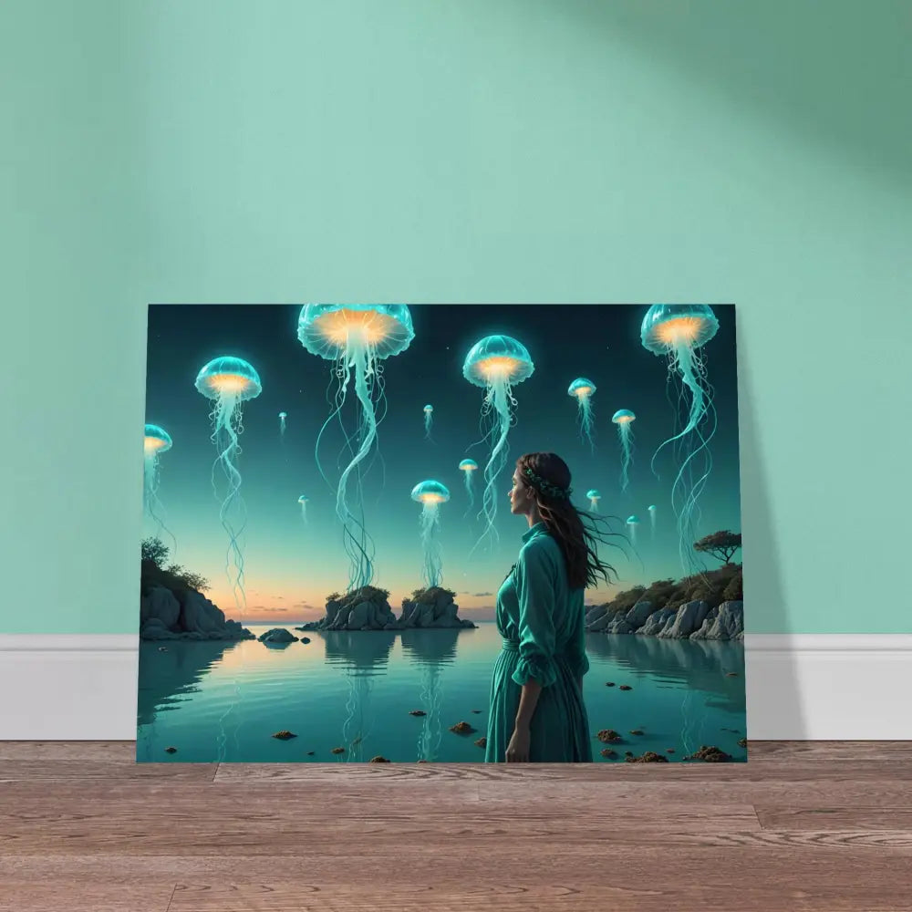 Surreal jellyfish landscape canvas displayed on Turquoise Ascension Metal Print Lagoon Dreamscape
