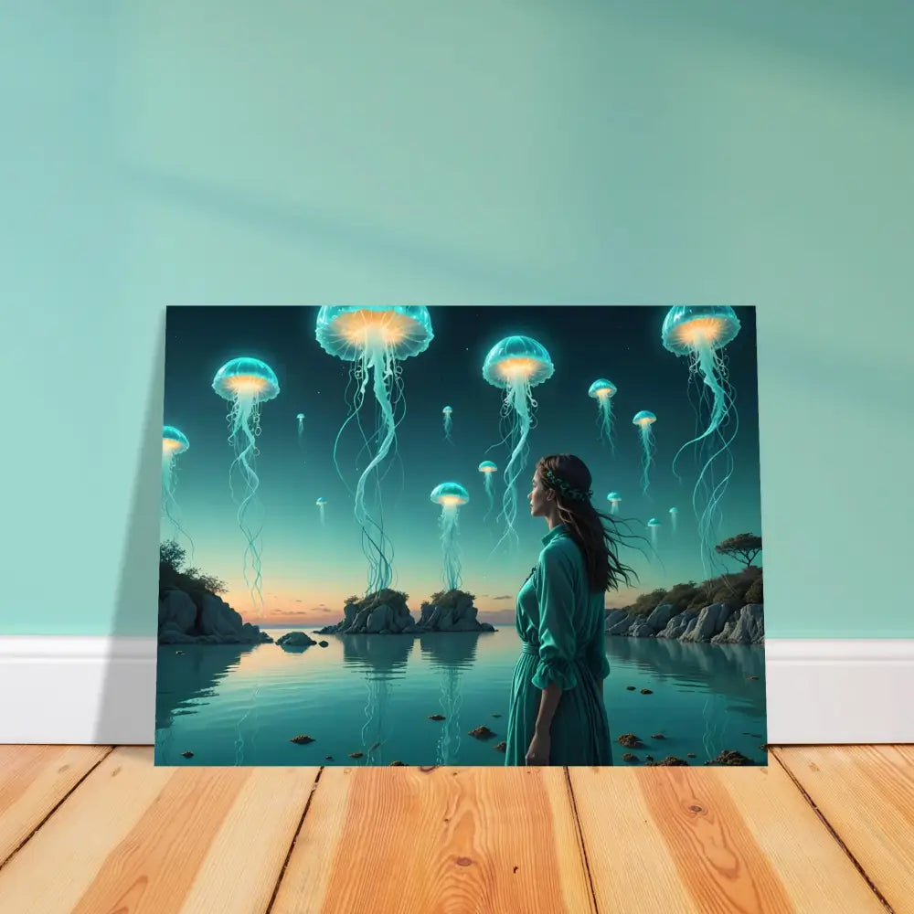 Jellyfish fantasy art print on Turquoise Ascension Poster Celestial Waterscape by PixiOnyx
