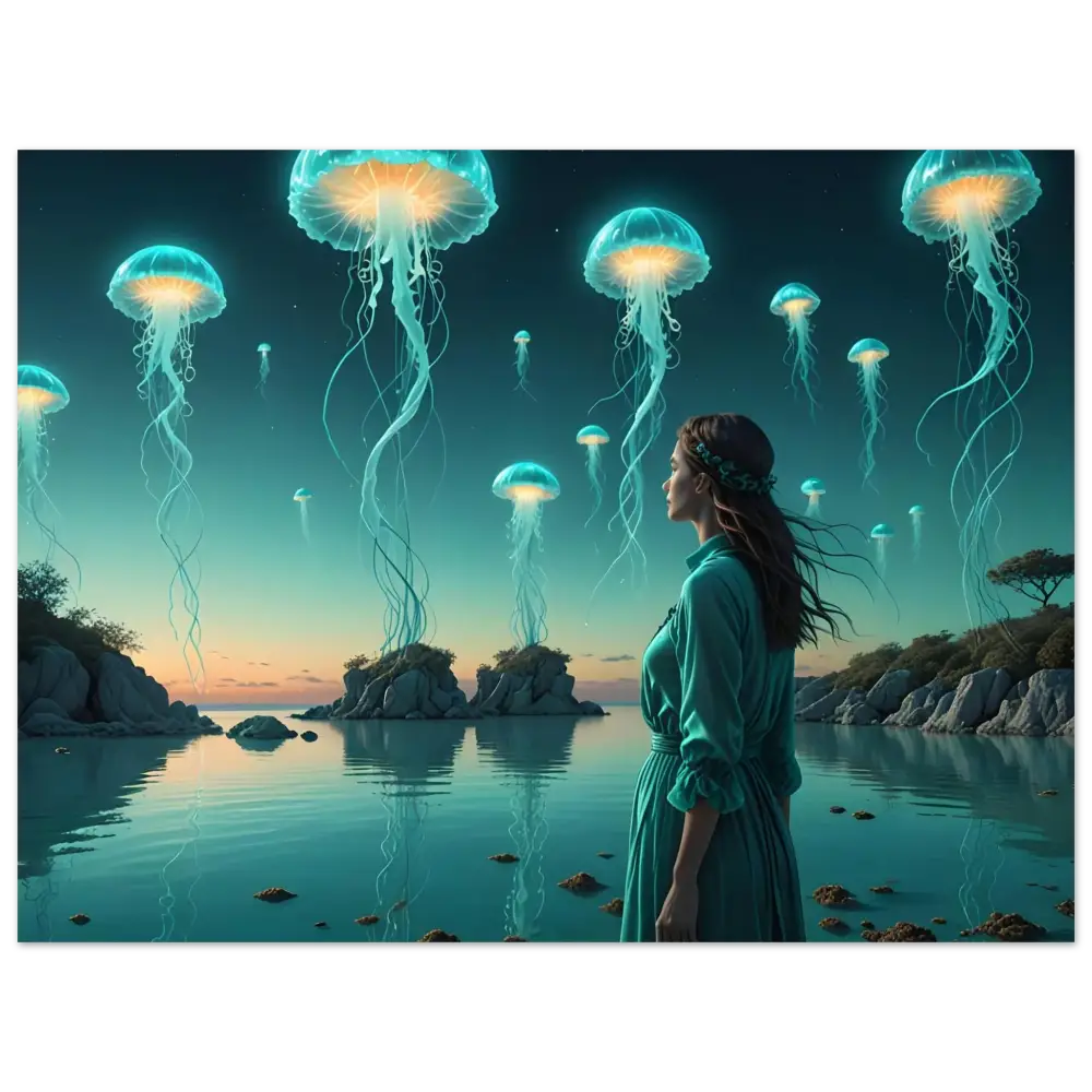 Surreal jellyfish landscape featuring vibrant colors on Turquoise Ascension Poster by PixiOnyx