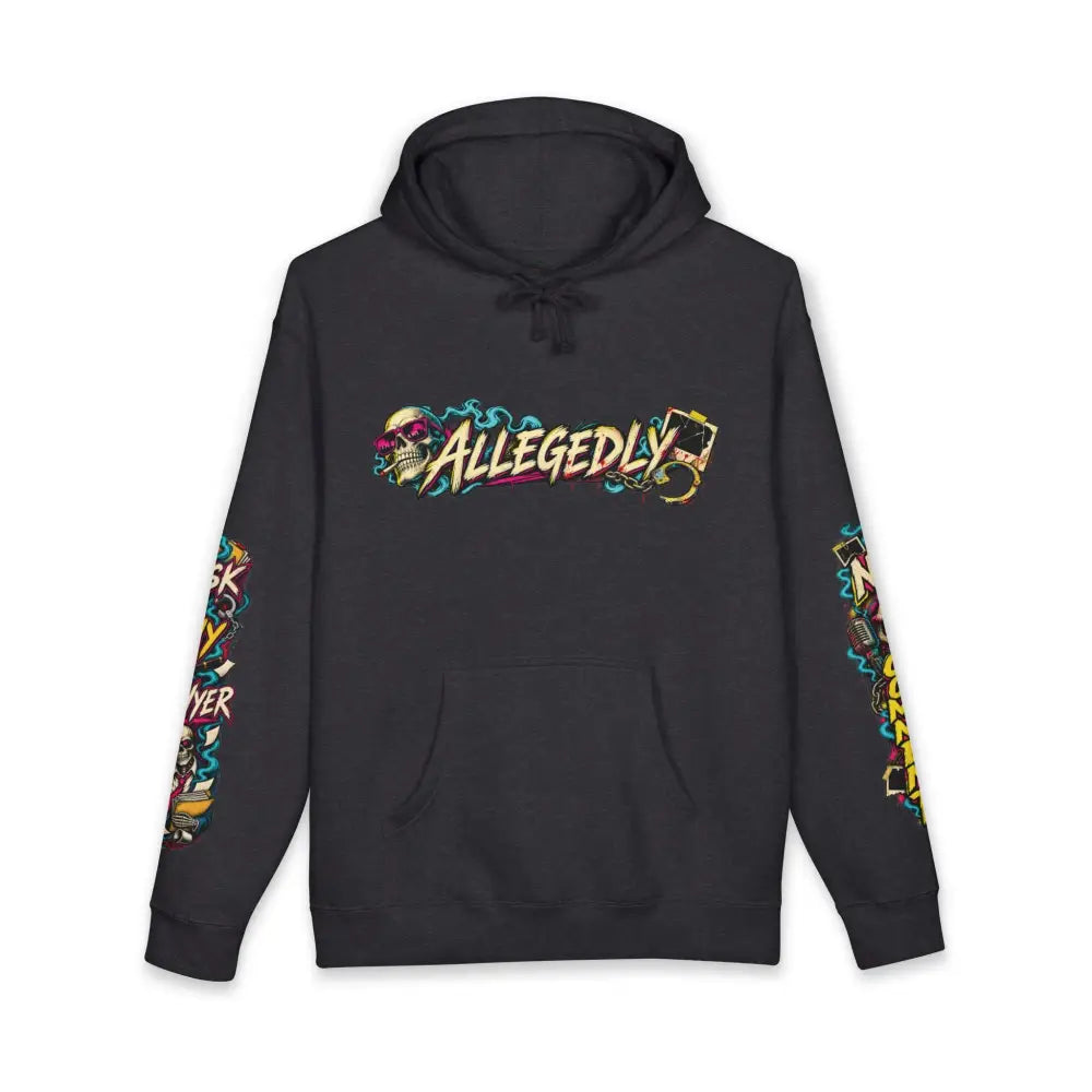 Black heavyweight hooded sweatshirt featuring vibrant graffiti style allegedly graphic with skull and neon accents