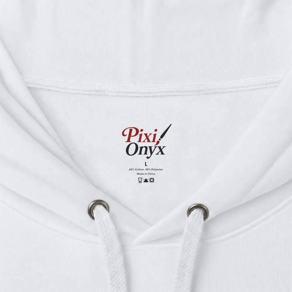 White pixi onyx heavyweight hooded sweatshirt with silver drawstring eyelets made from soft cotton polyester blend