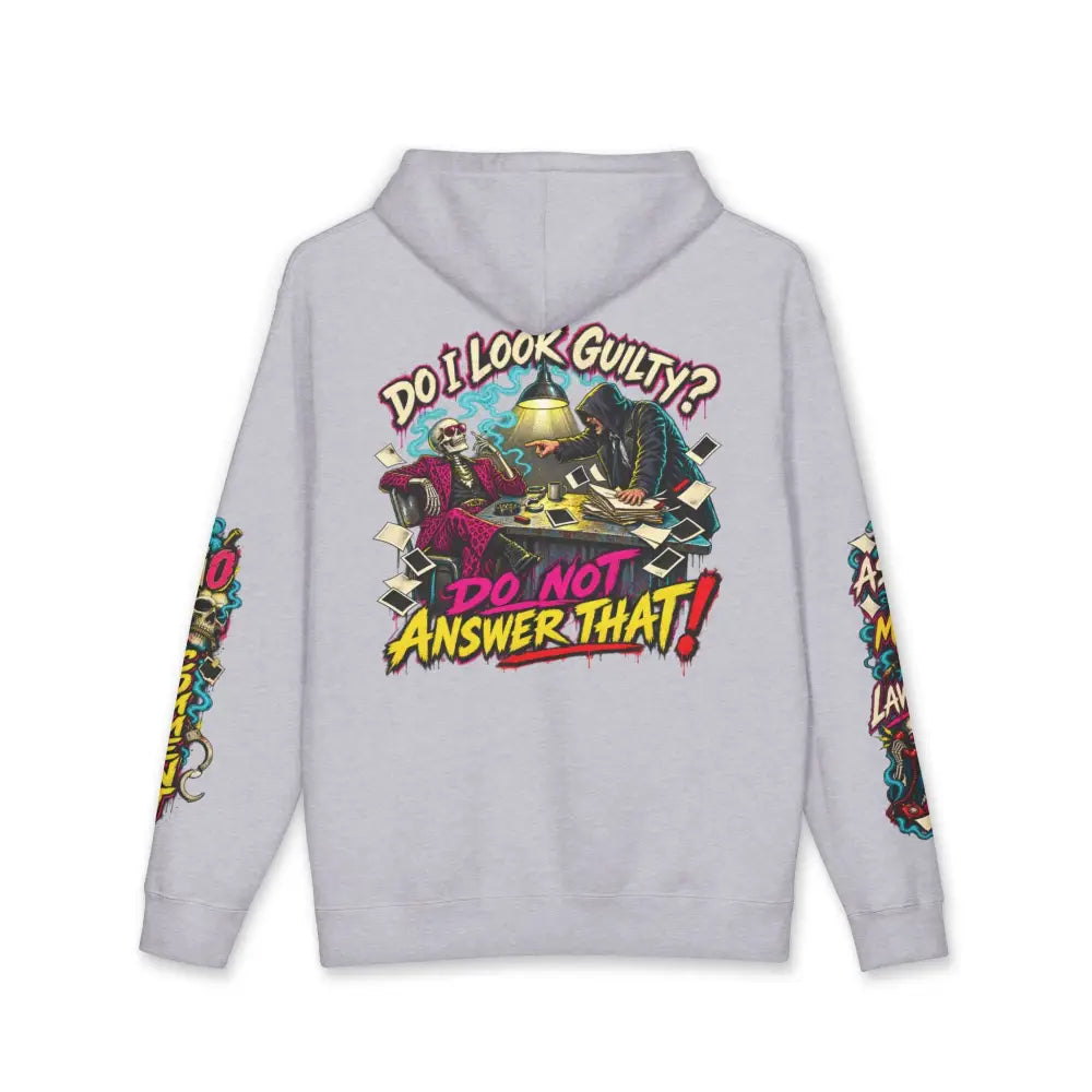 Light gray heavyweight hooded sweatshirt showing back with vibrant comic-style graphic and bold do i look guilty text