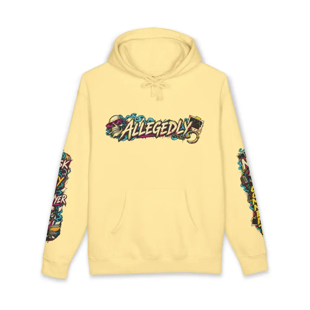 Unisex pale yellow heavyweight hooded sweatshirt brings bold graffiti style allegedly graphic on chest and sleeves