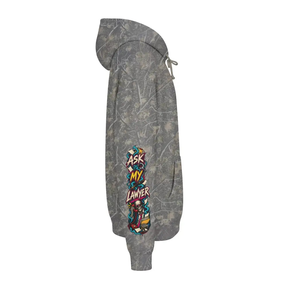 Unisex allegedly heavyweight hooded sweatshirt in gray camouflage with colorful ask my lawyer graphic on sleeve