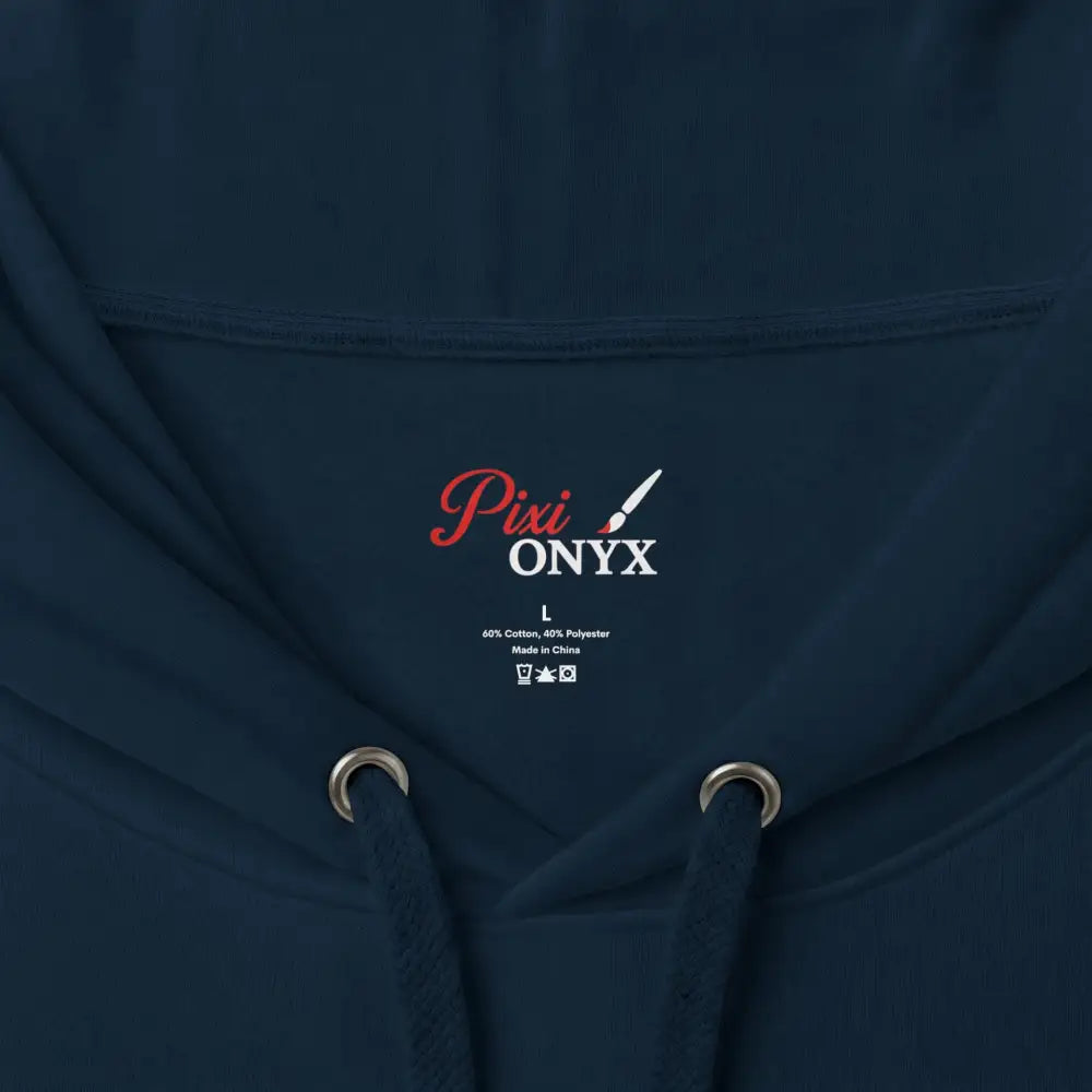 Navy blue heavyweight hooded sweatshirt with red and white pixi onyx logo tag for unisex bold graphic hoodie
