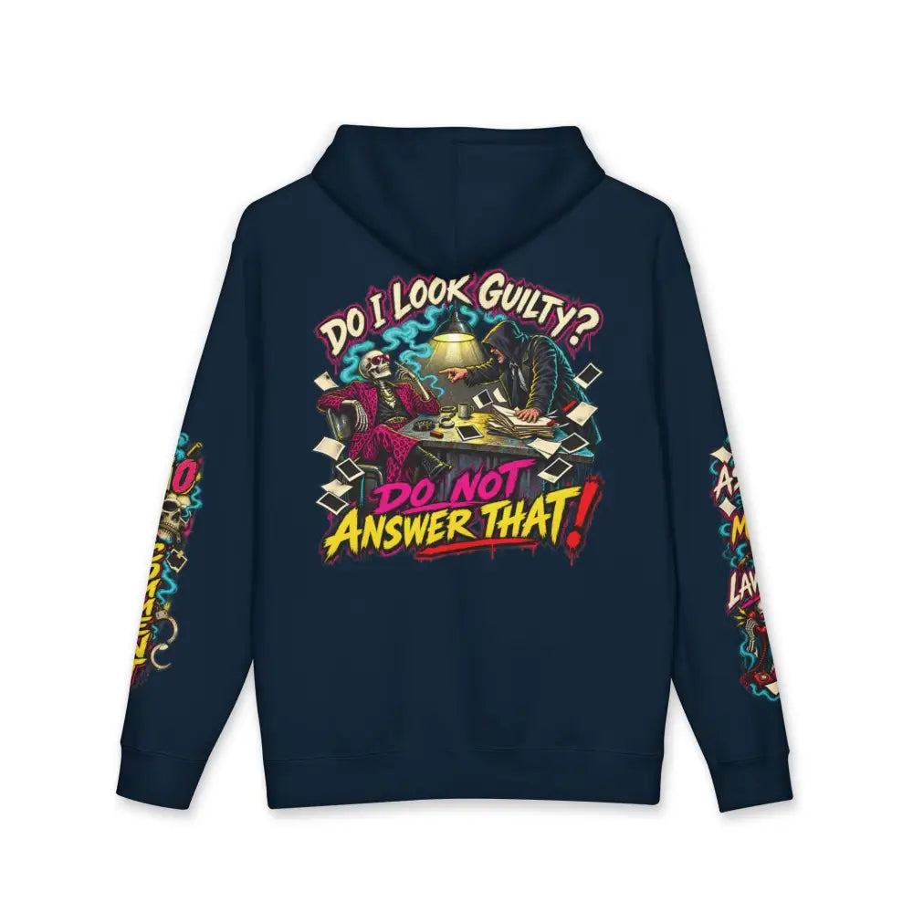 Navy blue heavyweight hooded sweatshirt with bold skeleton graphic and text do i look guilty for unisex casual wear