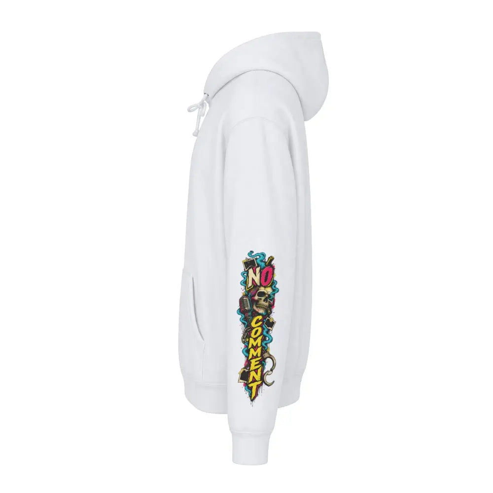 White heavyweight hooded sweatshirt featuring vibrant graffiti style no comment graphic with skulls on left sleeve