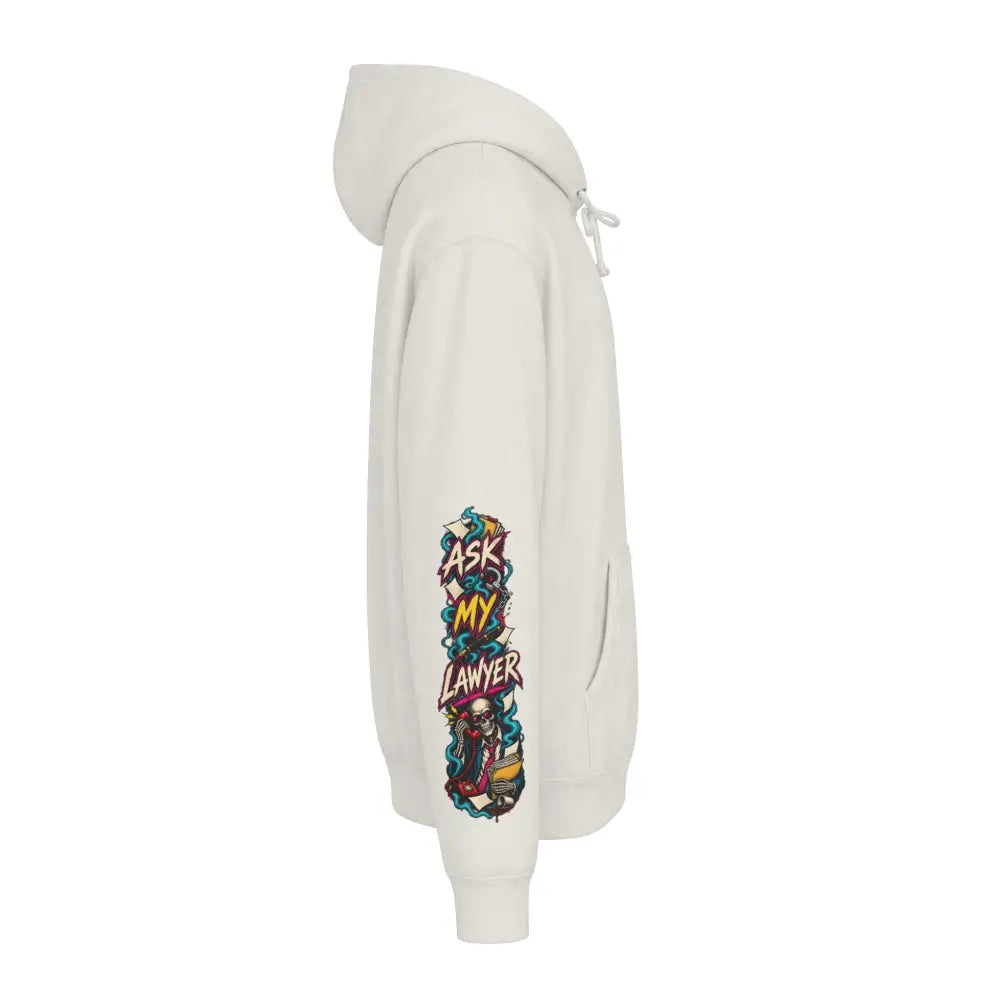 Cream-colored heavyweight hooded sweatshirt with a colorful ask my lawyer graphic and skull on left sleeve