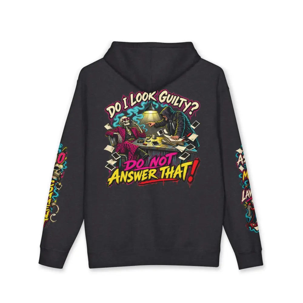 Unisex black heavyweight hooded sweatshirt brings bold graphic print of skeleton and cloaked figure with colorful text design