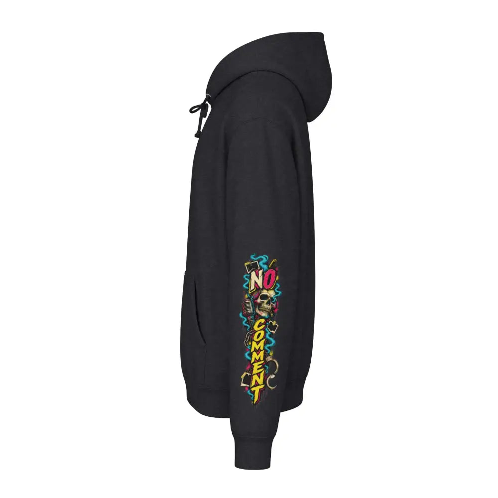 Black heavyweight hooded sweatshirt featuring vibrant graffiti style no comment skulls and microphones sleeve graphic