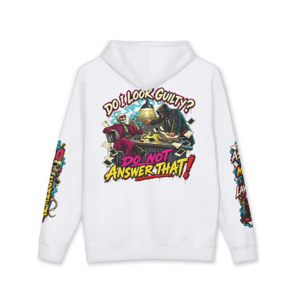 White heavyweight hooded sweatshirt featuring a bold comic-style graphic with do i look guilty text on front