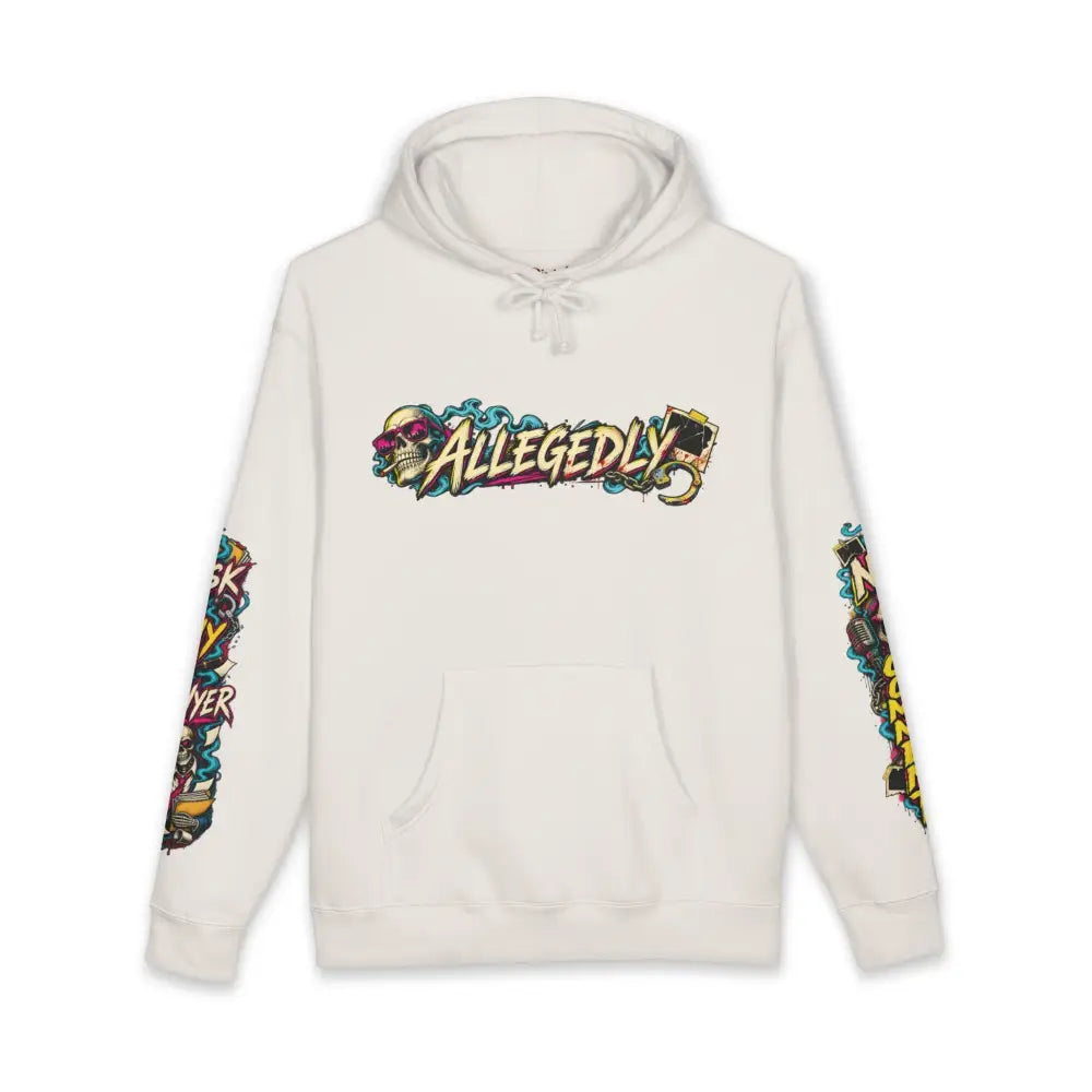 Off-white heavyweight hooded sweatshirt with vibrant allegedly graphic and skull designs on chest and sleeves