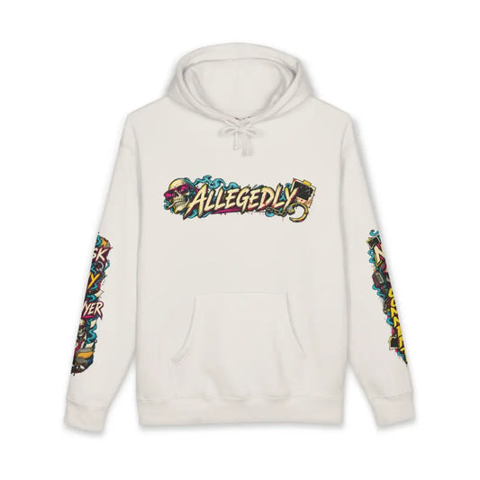 Off-white heavyweight hooded sweatshirt with vibrant allegedly graphic and skull designs on chest and sleeves
