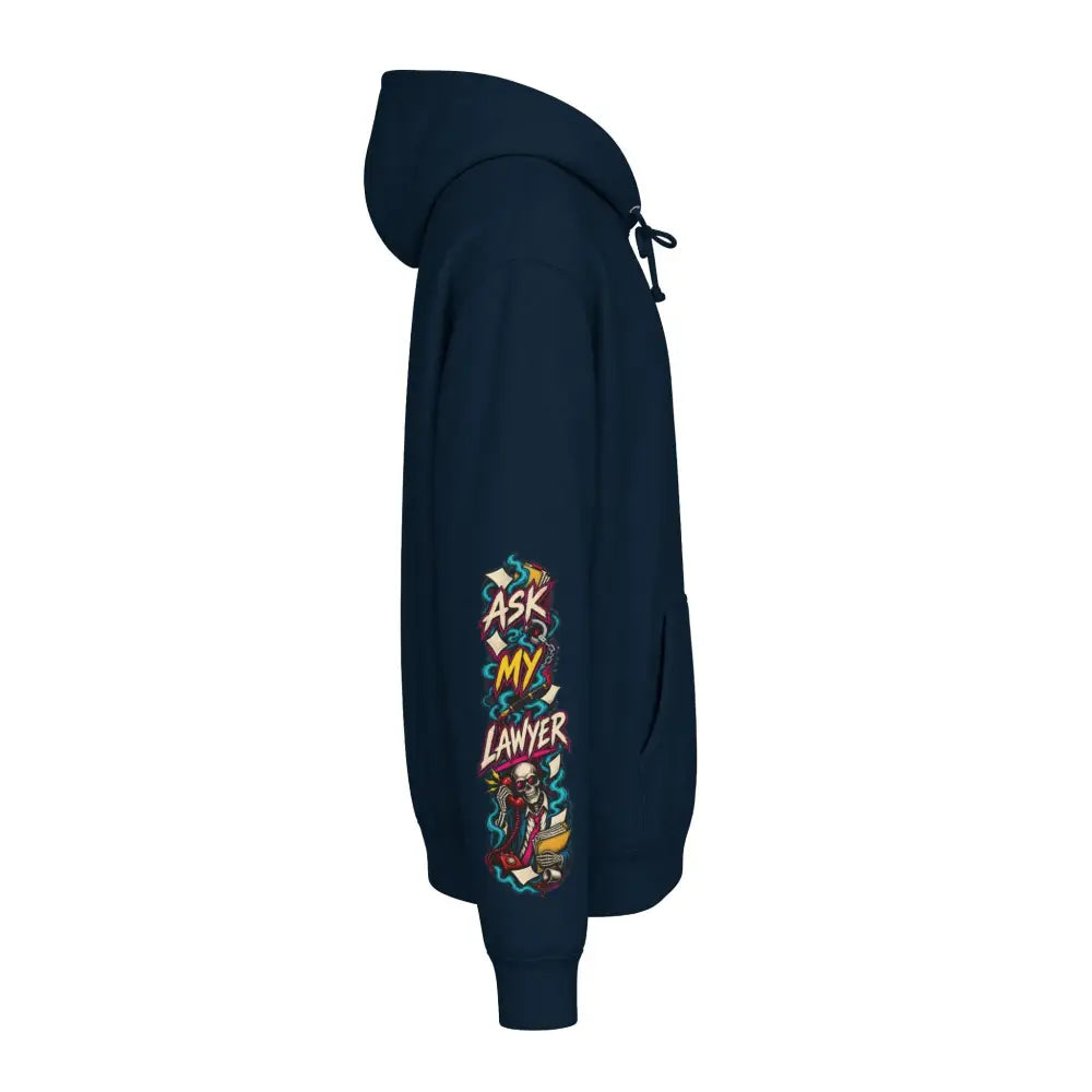 Navy blue heavyweight hooded sweatshirt with colorful ask my lawyer graphic on the sleeve for bold statement wear