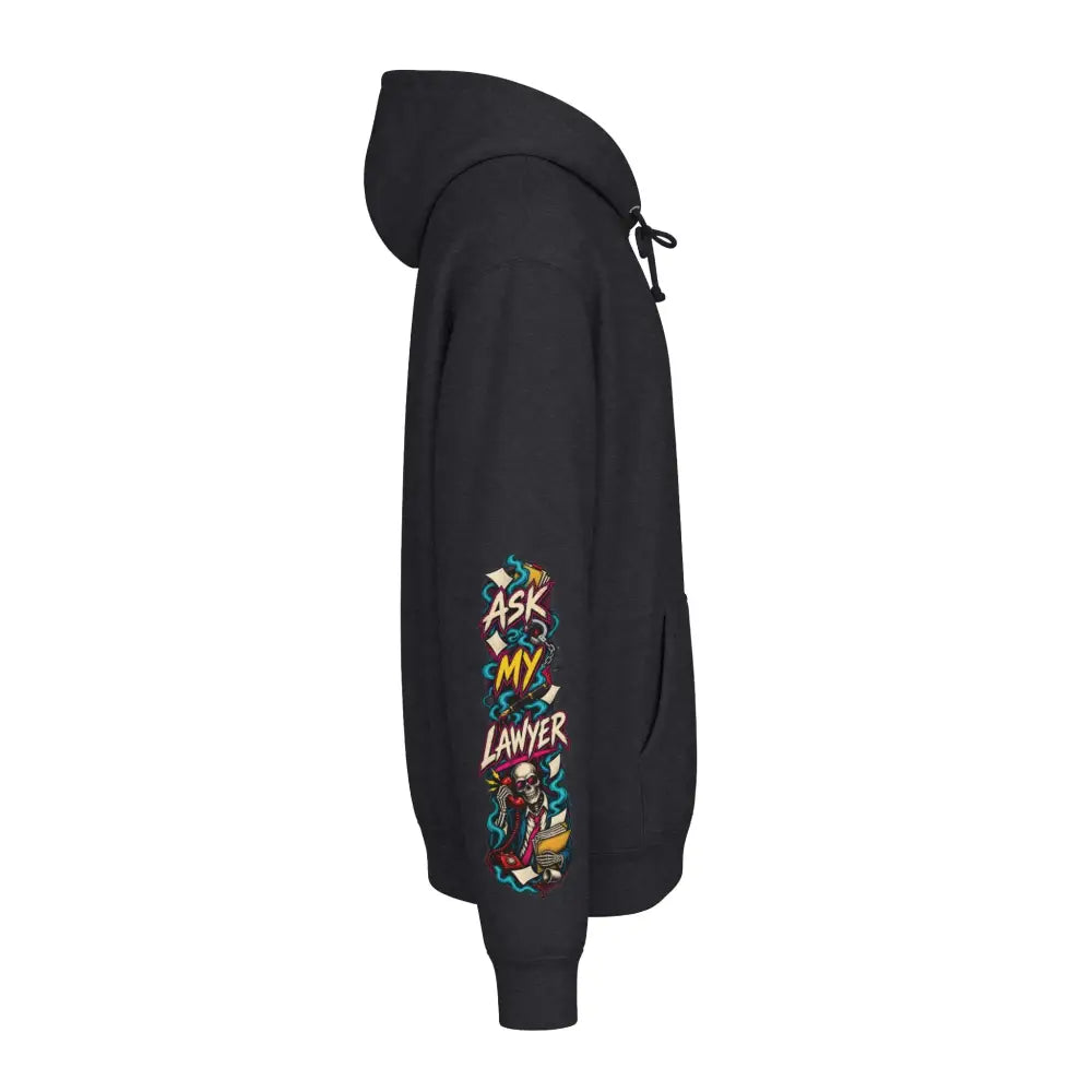 Black heavyweight hooded sweatshirt featuring a colorful ask my lawyer sleeve graphic and cartoon lawyer character