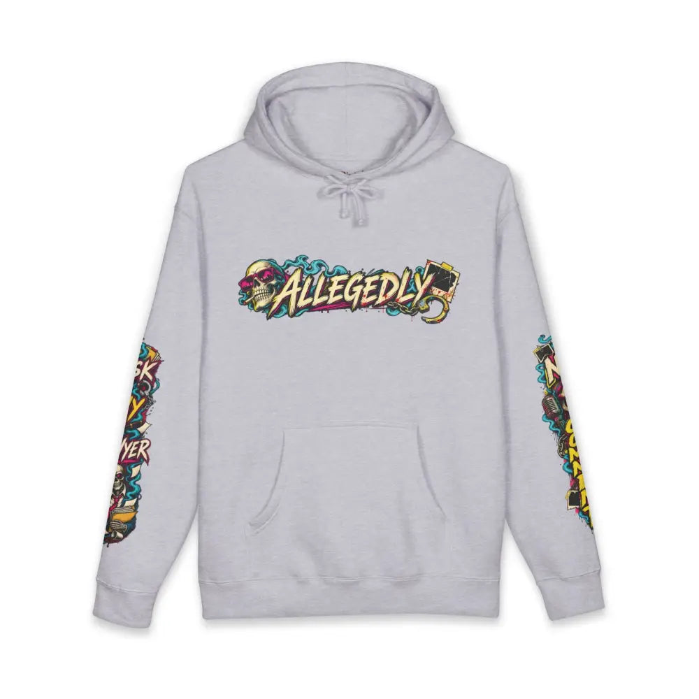 Light gray heavyweight hooded sweatshirt brings a vibrant graffiti-style allegedly graphic and colorful sleeve designs