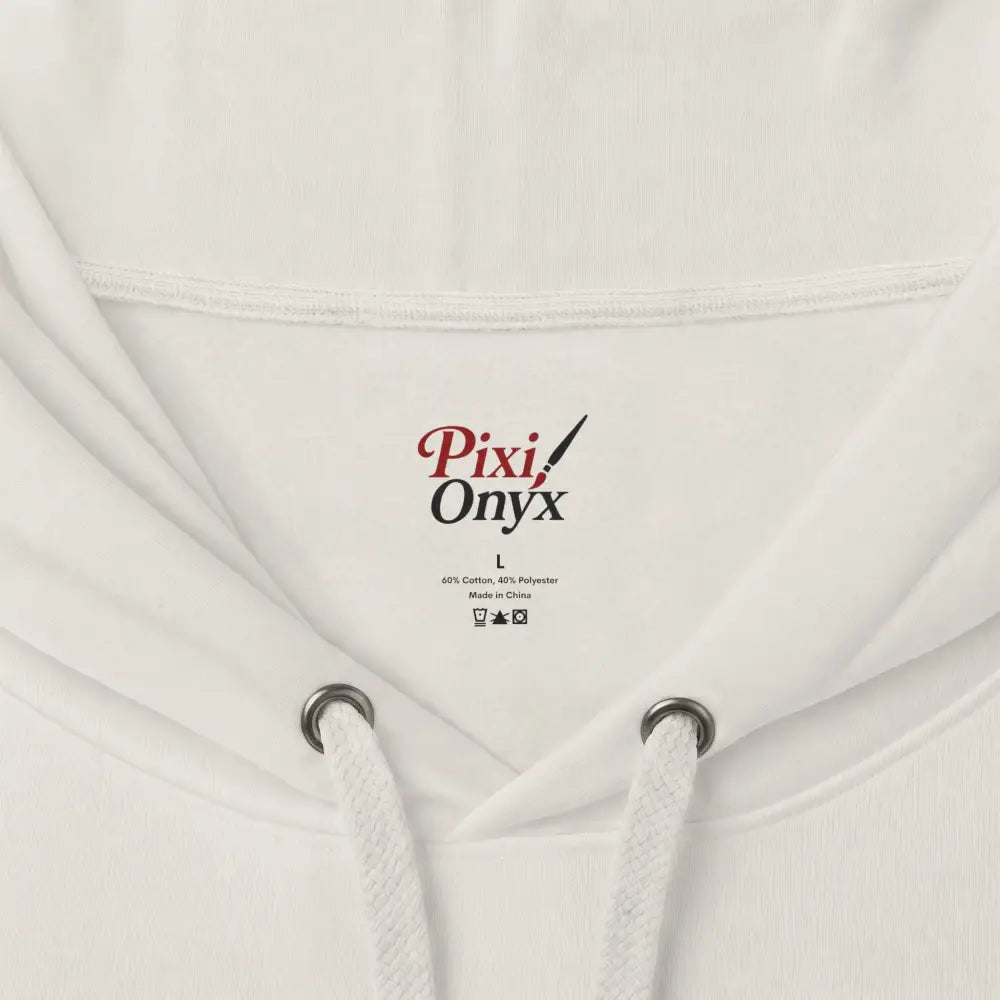 White pixi onyx heavyweight hooded sweatshirt with silver drawstring eyelets cotton polyester blend sweatshirt brings bold style