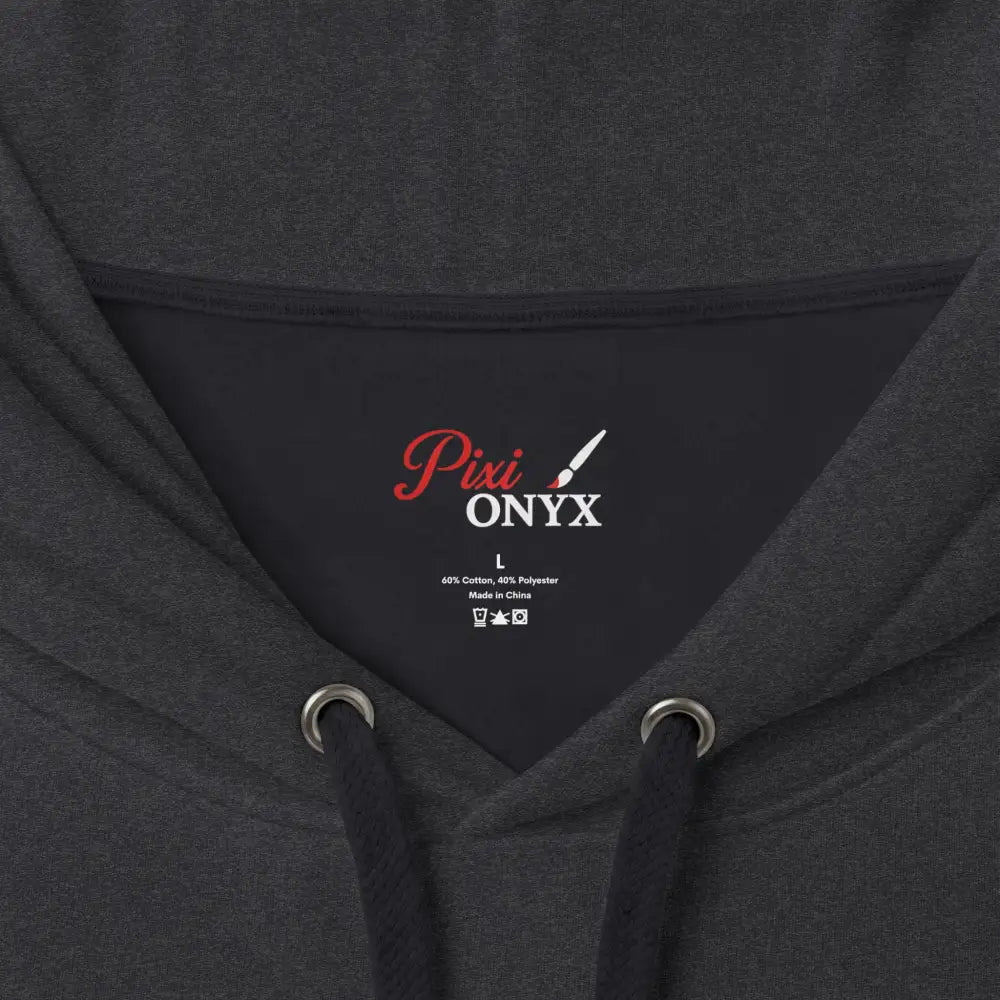 Dark gray heathered heavyweight hooded sweatshirt with pixi onyx logo tag in black interior for unisex bold graphic look
