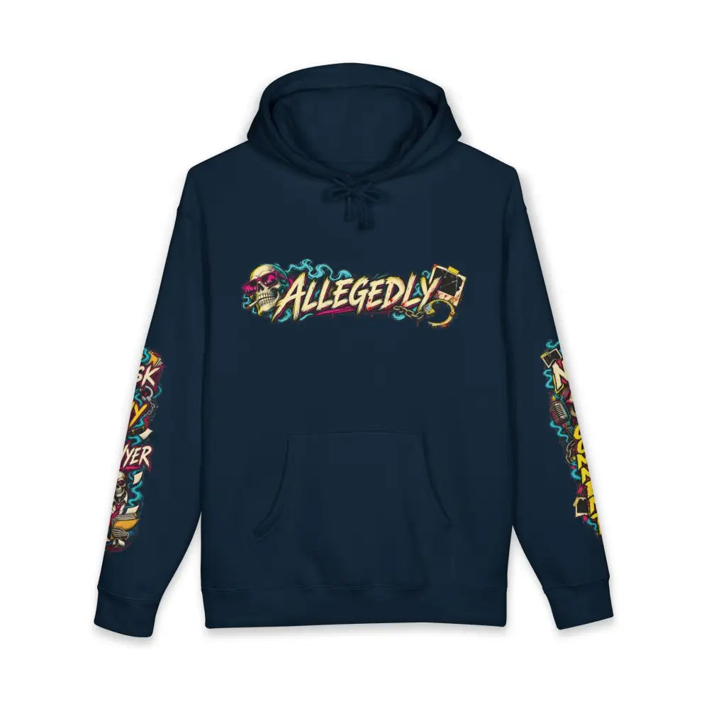 Dark navy blue heavyweight hooded sweatshirt featuring a bold graffiti-style allegedly graphic with skull and neon accents