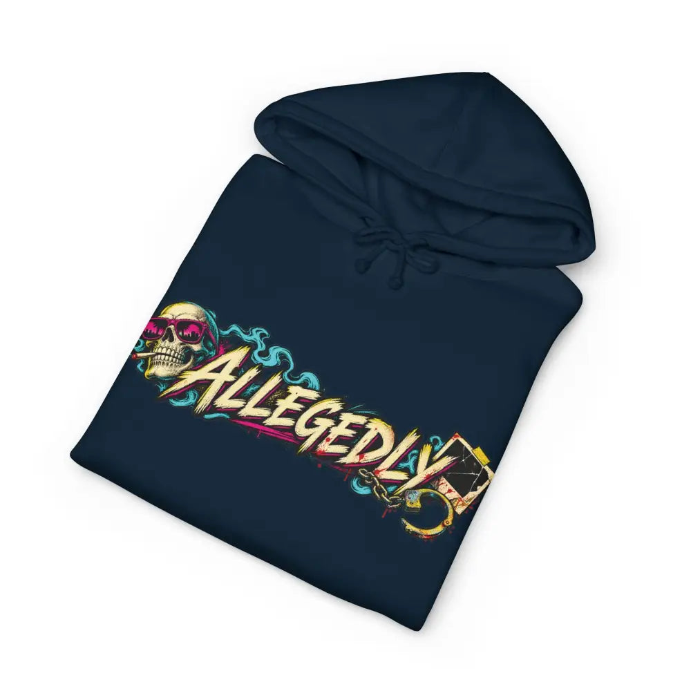 Navy blue heavyweight hooded sweatshirt featuring skull graphic with pink sunglasses and allegedly stylized lettering