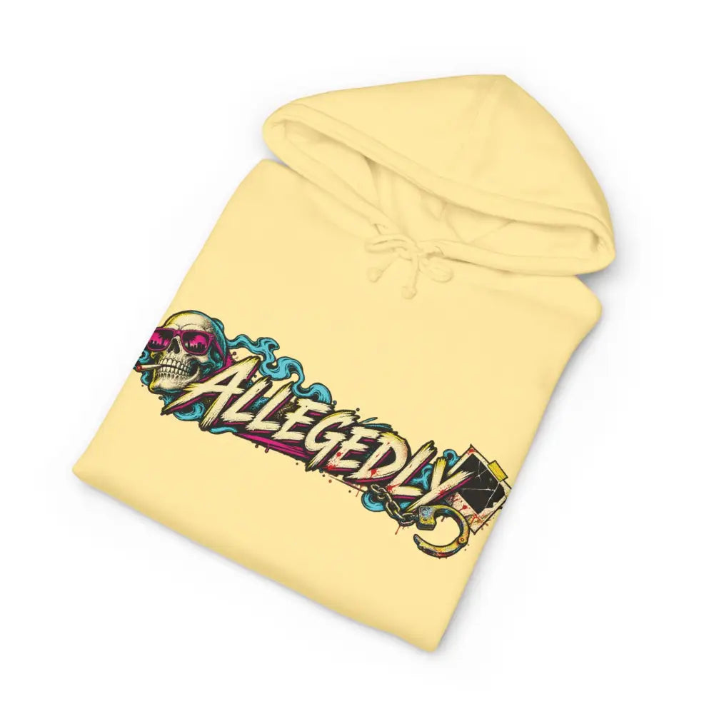 Unisex pale yellow heavyweight hooded sweatshirt brings bold graffiti skull graphic with colorful allegedly lettering