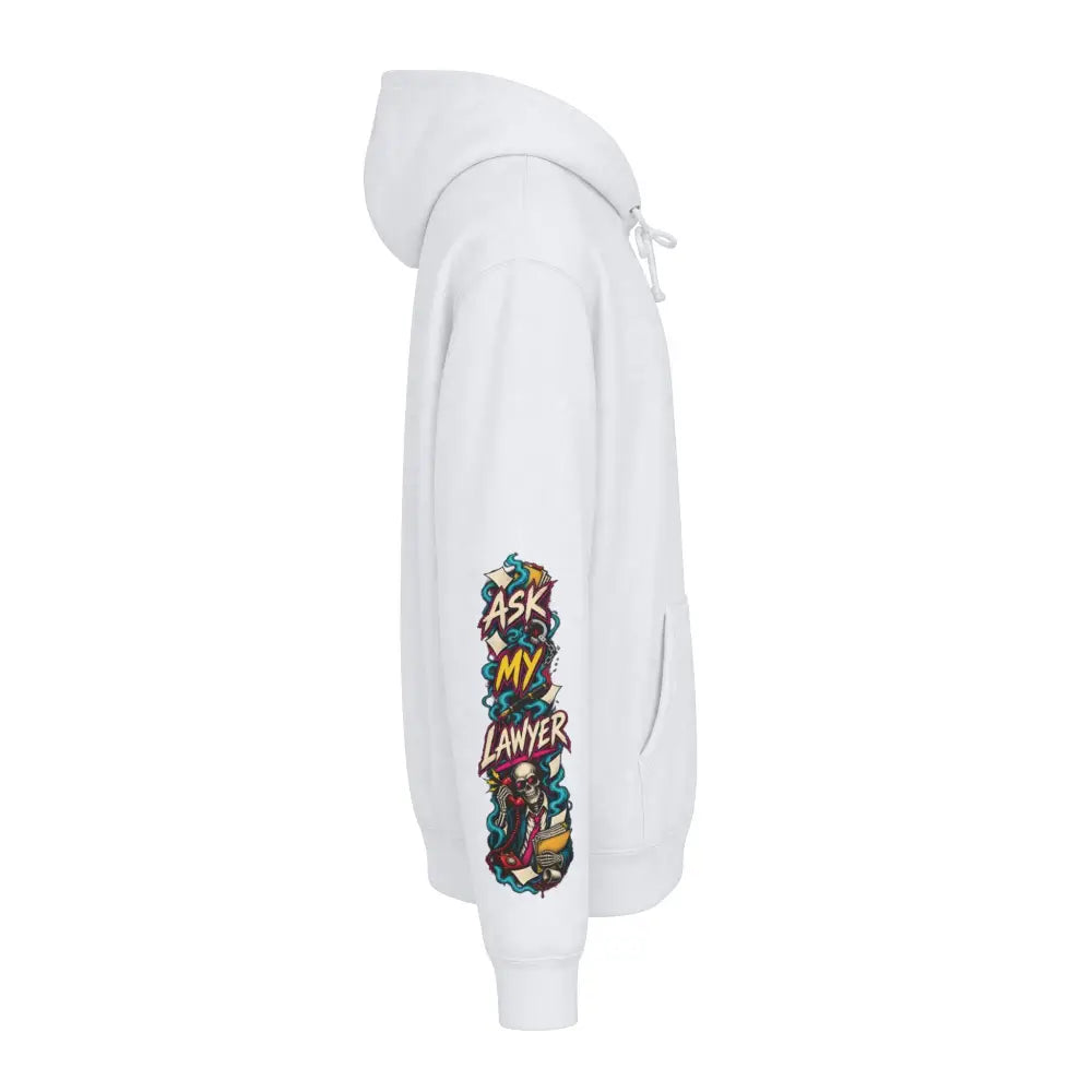 White heavyweight hooded sweatshirt featuring colorful ask my lawyer graphic and tattoo-style artwork on the sleeve