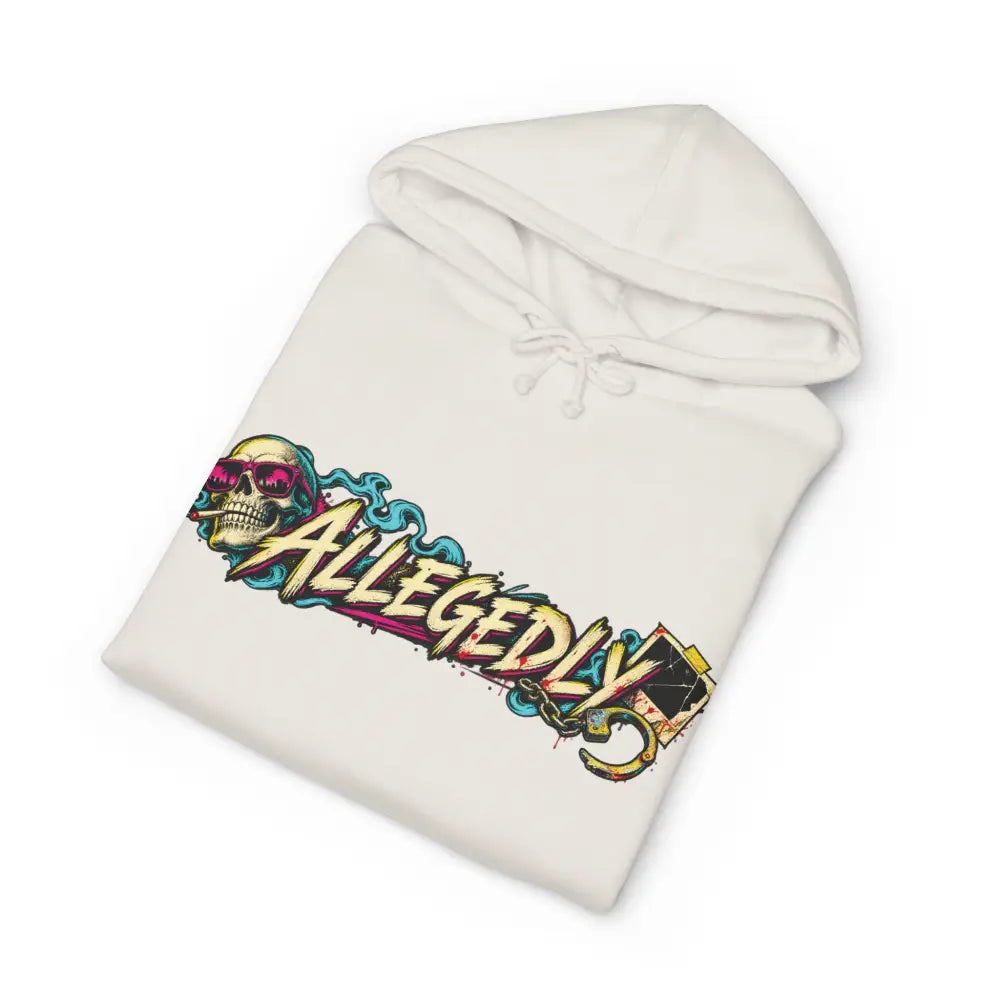 Cream-colored heavyweight hooded sweatshirt featuring a bold graffiti-style skull with pink sunglasses and allegedly graphic