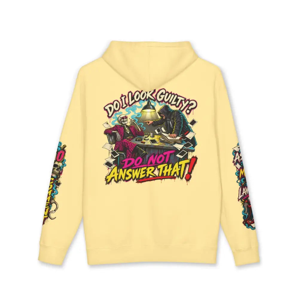 Back of pale yellow unisex heavyweight hooded sweatshirt with bold colorful graphic and text do i look guilty do not answer that