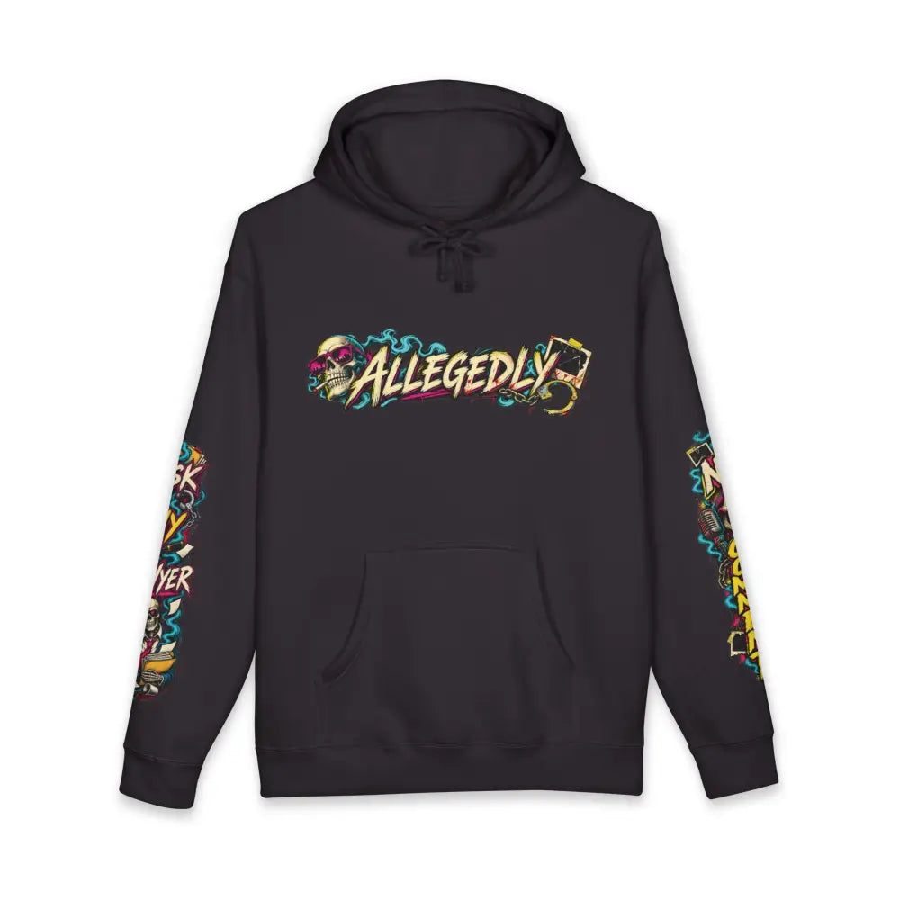 Black heavyweight hooded sweatshirt with vibrant graffiti-style allegedly graphics on chest and sleeves brings bold style
