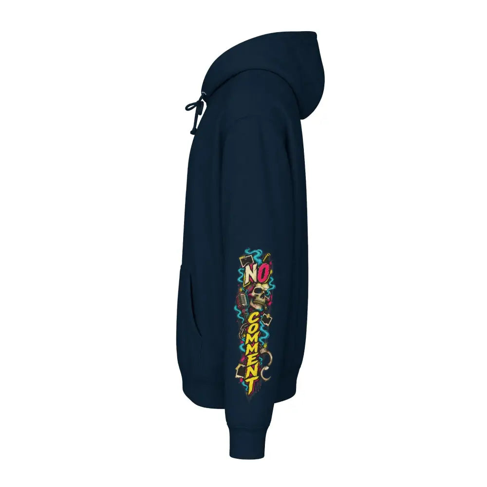 Dark navy blue heavyweight hooded sweatshirt brings bold graffiti style with no comment skulls and microphones on left sleeve