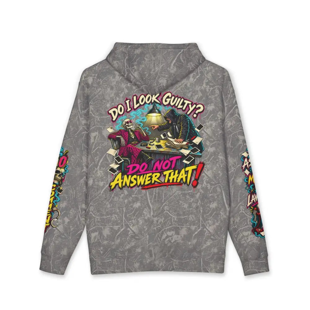 Back of gray heavyweight hooded sweatshirt with distressed texture and vibrant cartoon graphic of two characters at desk