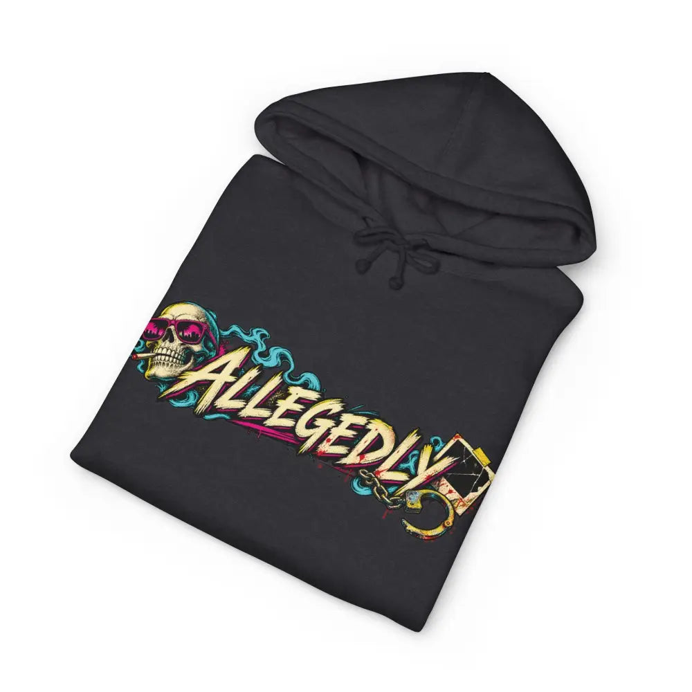 Black heavyweight hooded sweatshirt featuring a skull with pink sunglasses and allegedly graphic for bold streetwear style