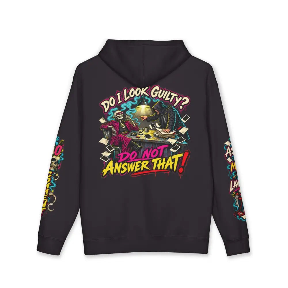 Black heavyweight hooded sweatshirt featuring a vibrant graphic and bold colorful text do i look guilty do not answer that