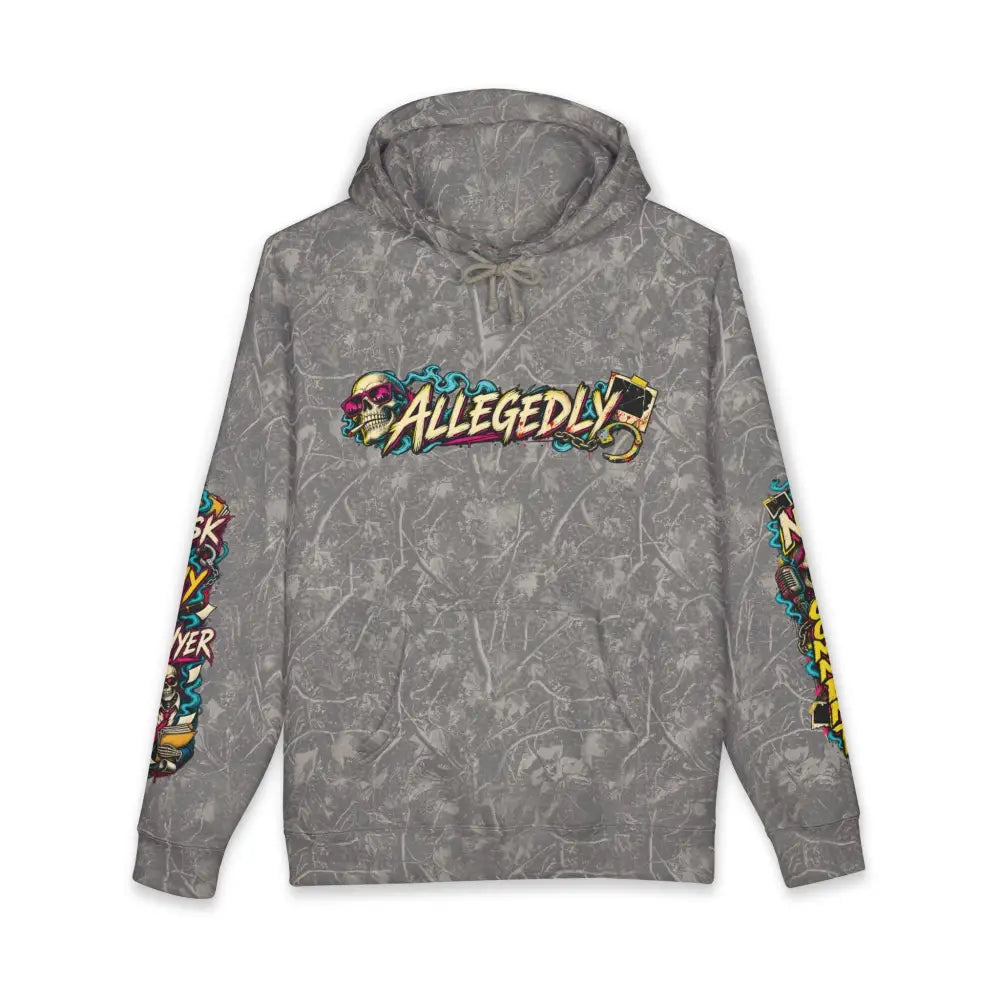 Unisex gray heavyweight hooded sweatshirt with faded texture and bold vibrant graffiti graphics on chest and sleeves