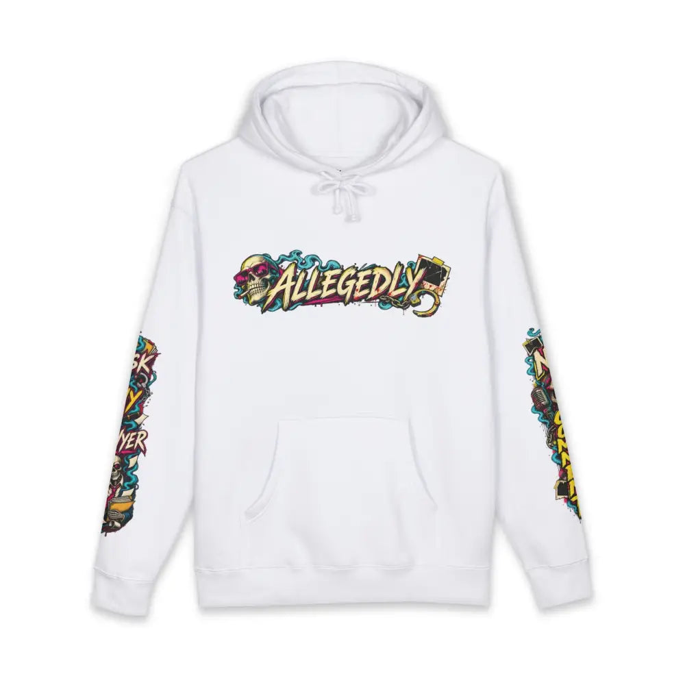 White heavyweight hooded sweatshirt featuring a colorful graffiti-style allegedly graphic and matching sleeve designs