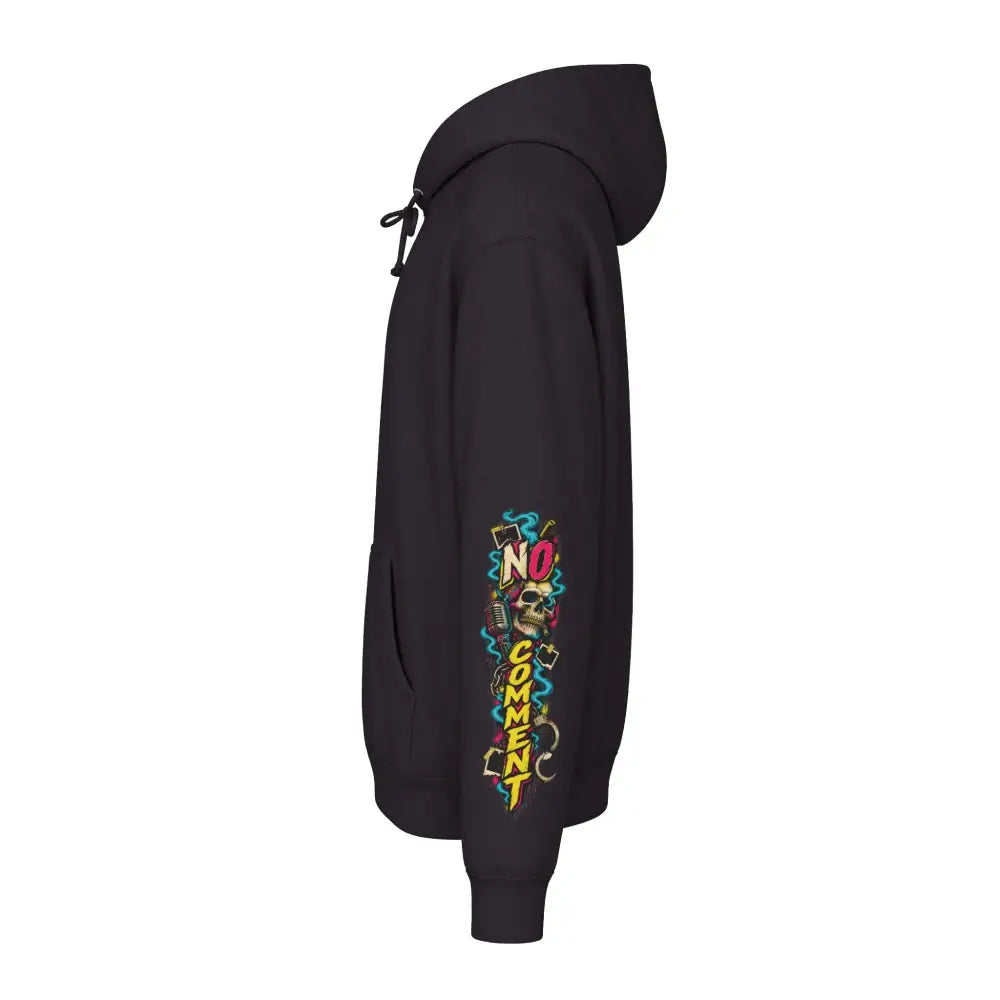 Black heavyweight hooded sweatshirt with vibrant graffiti style no comment graphic and skulls on left sleeve
