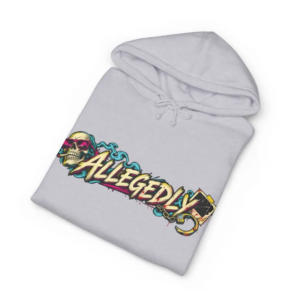 A light gray heavyweight hooded sweatshirt brings a vibrant skull graphic with pink sunglasses and allegedly bold text